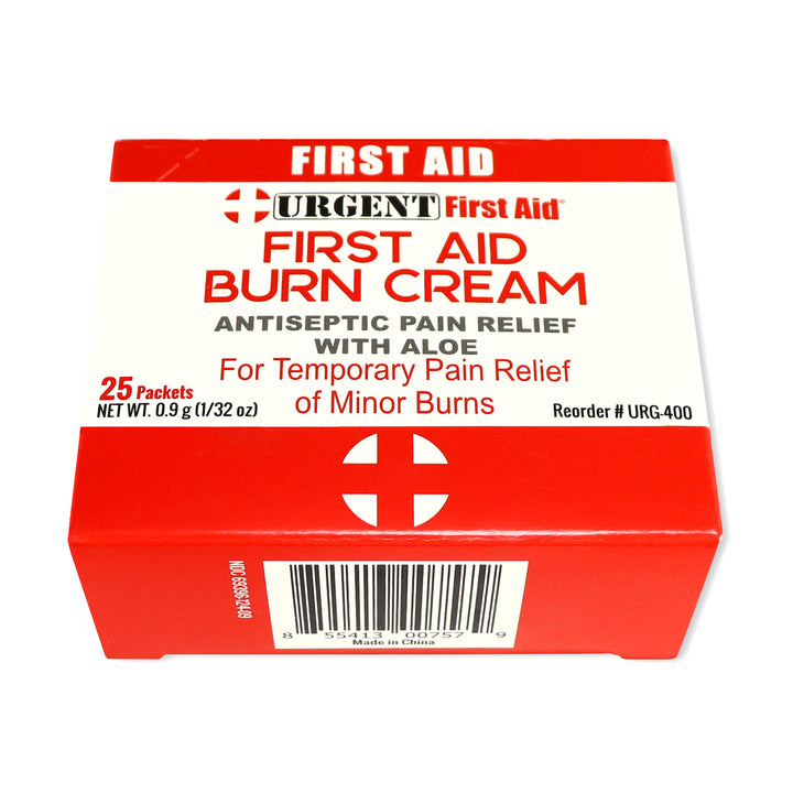 First Aid & Burn Cream .9gram box with 25 packets for pain relief of minor burns and cuts.