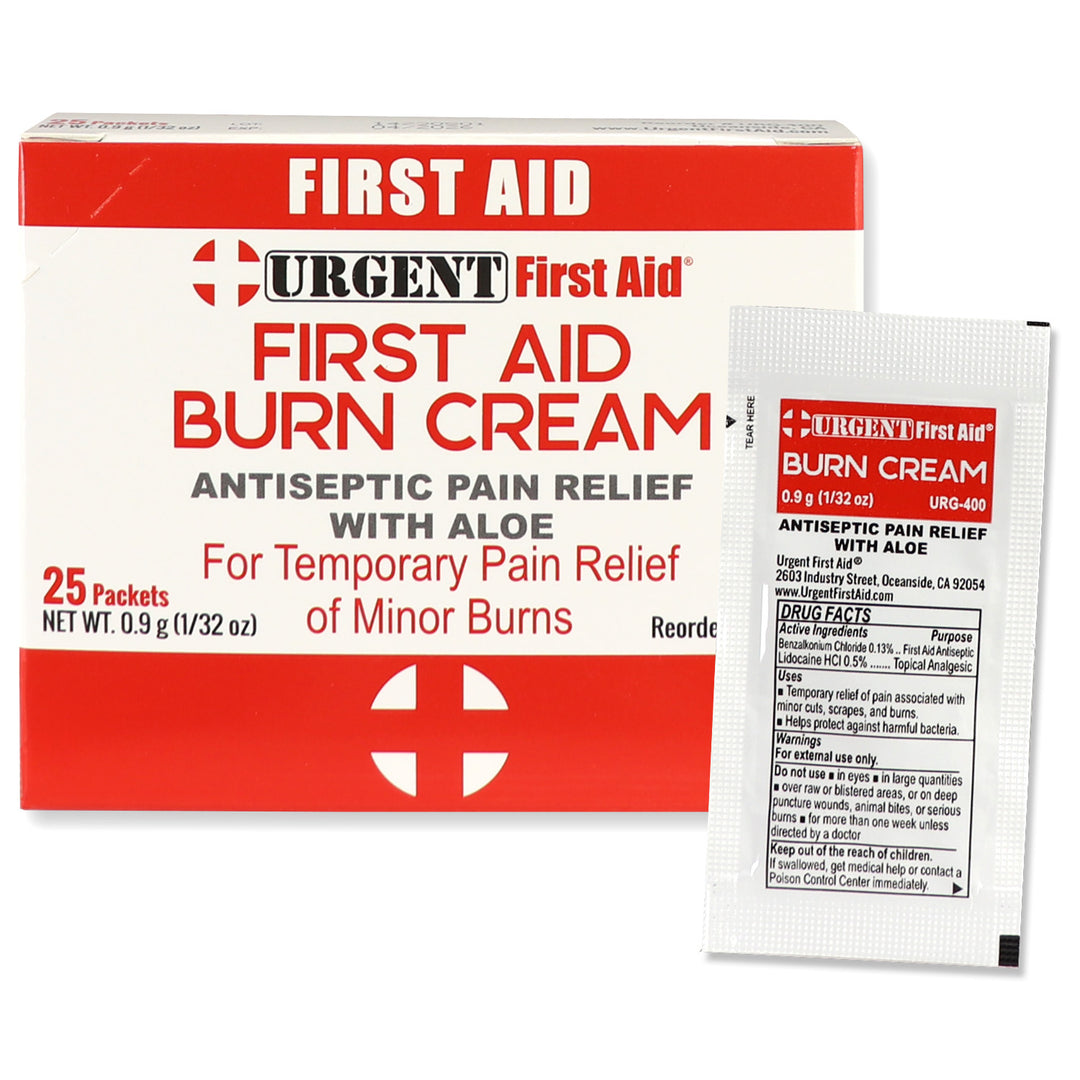First Aid & Burn Cream .9gram, 25 Packets Per Box for antiseptic pain relief from burns