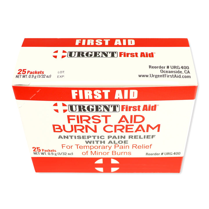 First Aid & Burn Cream 0.9gram, 25 Packets Per Box for temporary pain relief and antiseptic protection.