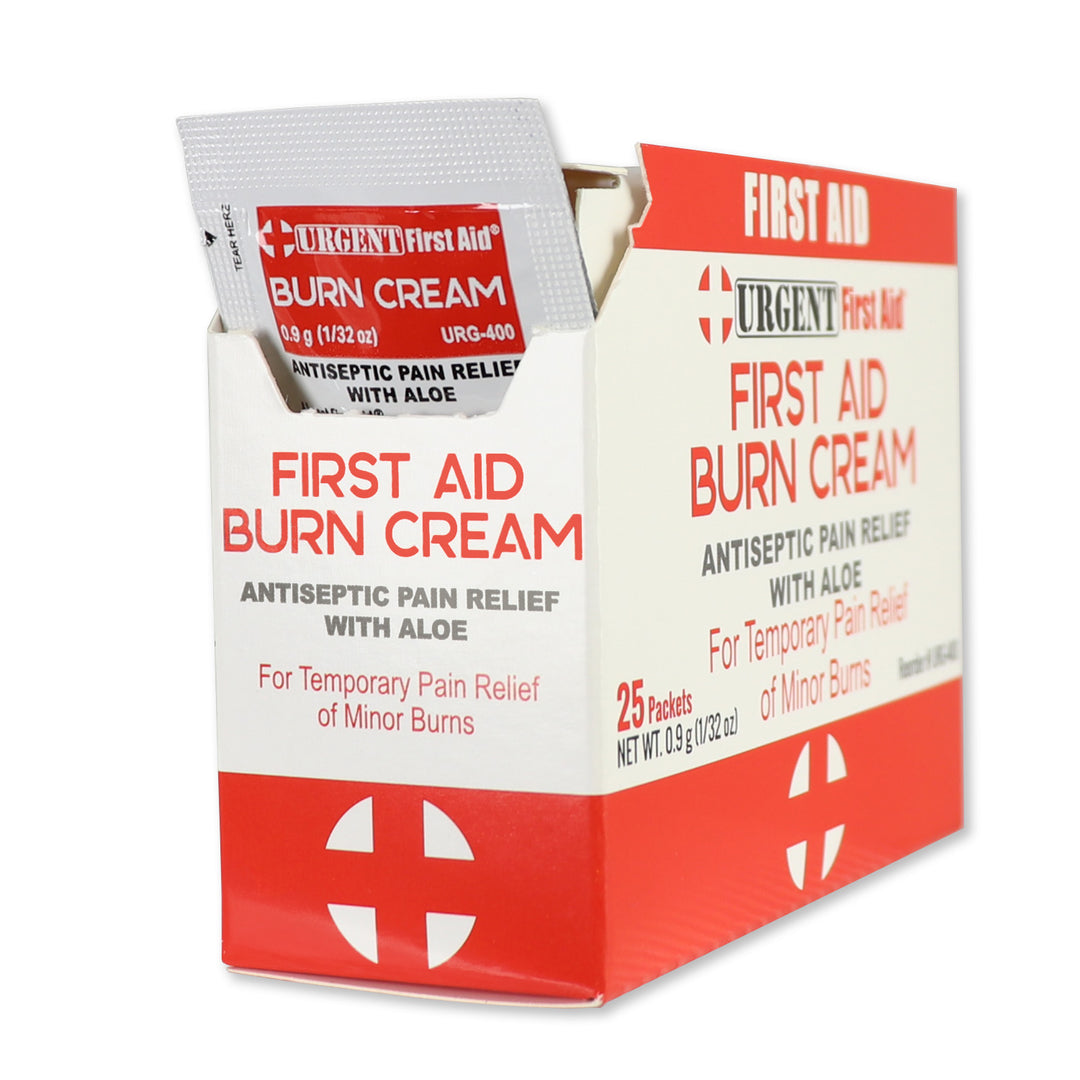 First Aid & Burn Cream .9gram packaging, 25 packets per box for minor burns and cuts relief.