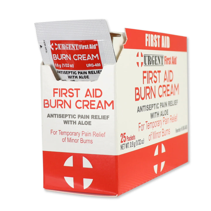 First Aid & Burn Cream .9gram packaging, 25 packets per box for minor burns and cuts relief.
