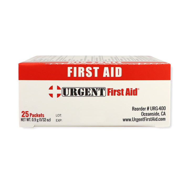 First Aid & Burn Cream .9gram, 25 Packets Per Box packaging showing the brand and quantity.