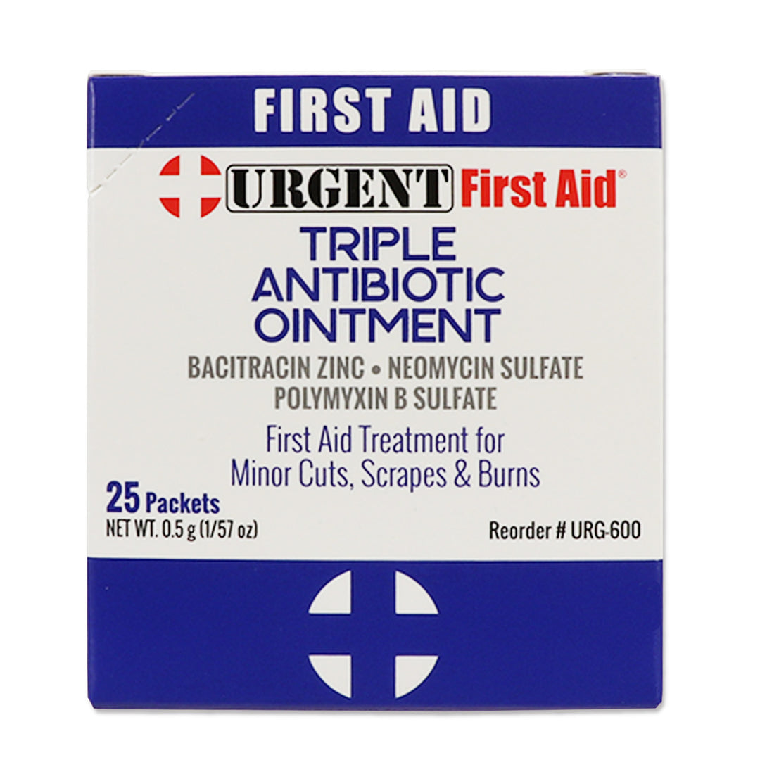 Triple Antibiotic Ointment, 0.5gm, 25 packets box for minor cuts, scrapes, and burns.