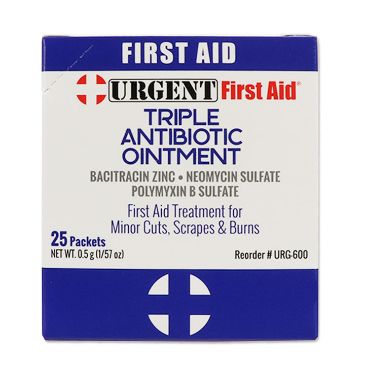 Triple Antibiotic Ointment, 0.5gm, 25 packets box for minor cuts, scrapes, and burns.