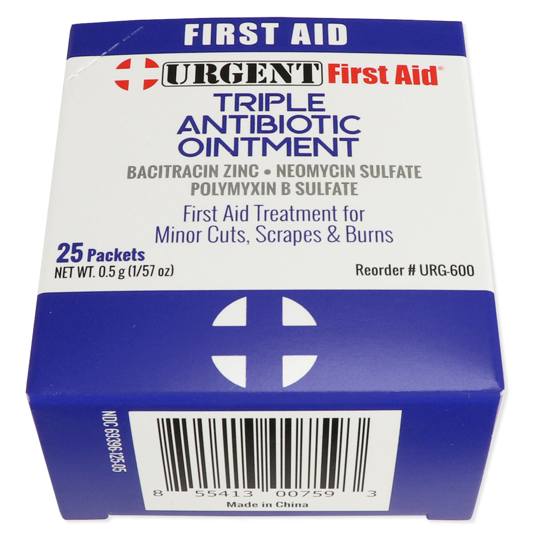 Urgent First Aid triple antibiotic ointment packaging on a white background. Neomycin, bacitracin and polmyxin B sulfate