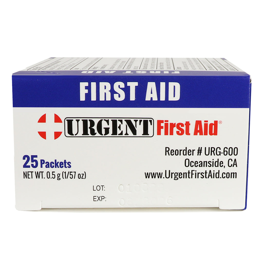 Box of Urgent First Aid Triple Antibiotic Ointment packets on a white background with Oceanside California address