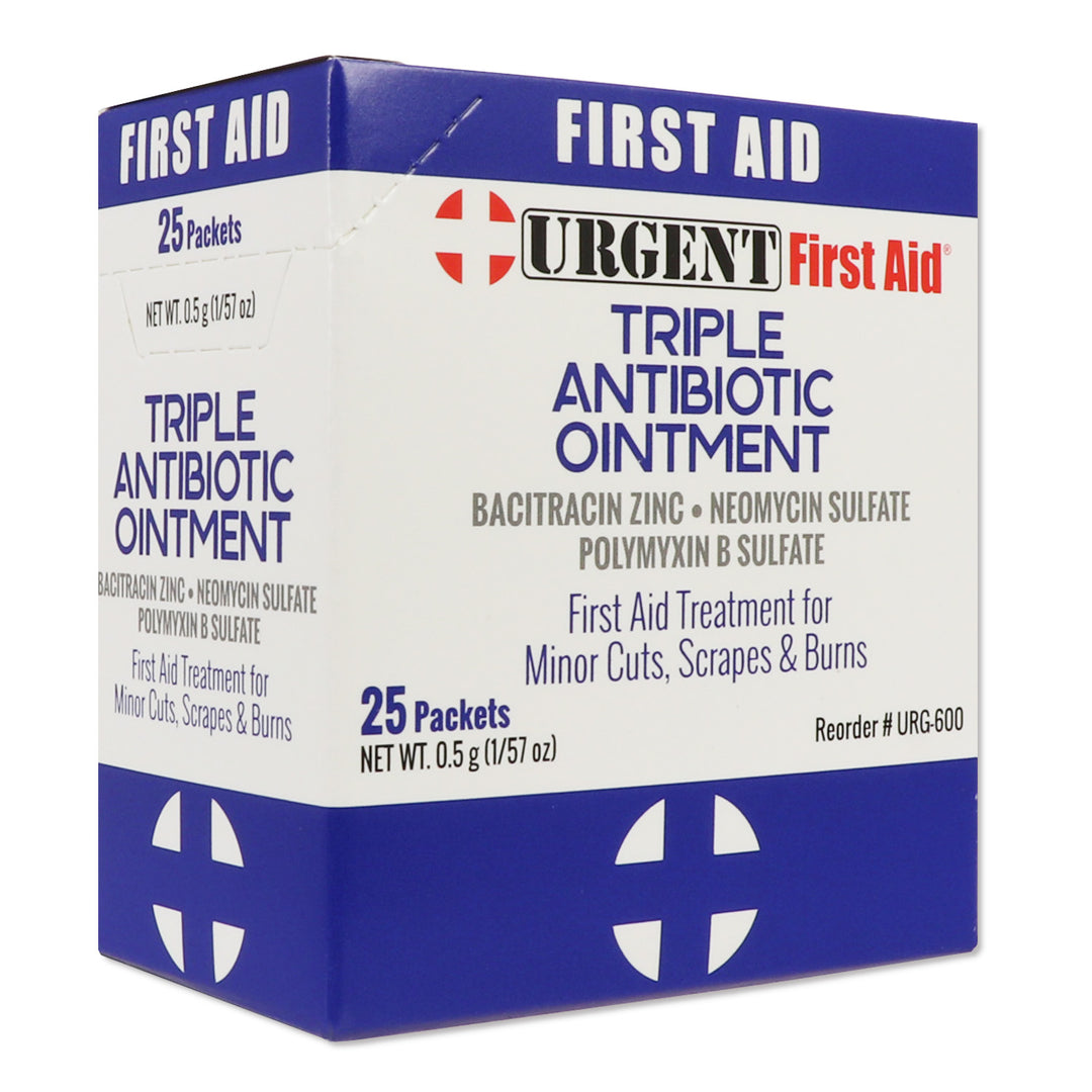 Box of Triple Antibiotic Ointment, 0.5gm, 25 packets for first aid treatment of minor cuts and burns.