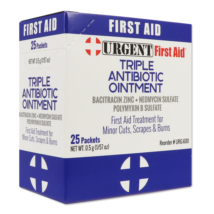 Box of Triple Antibiotic Ointment, 0.5gm, 25 packets for first aid treatment of minor cuts and burns.