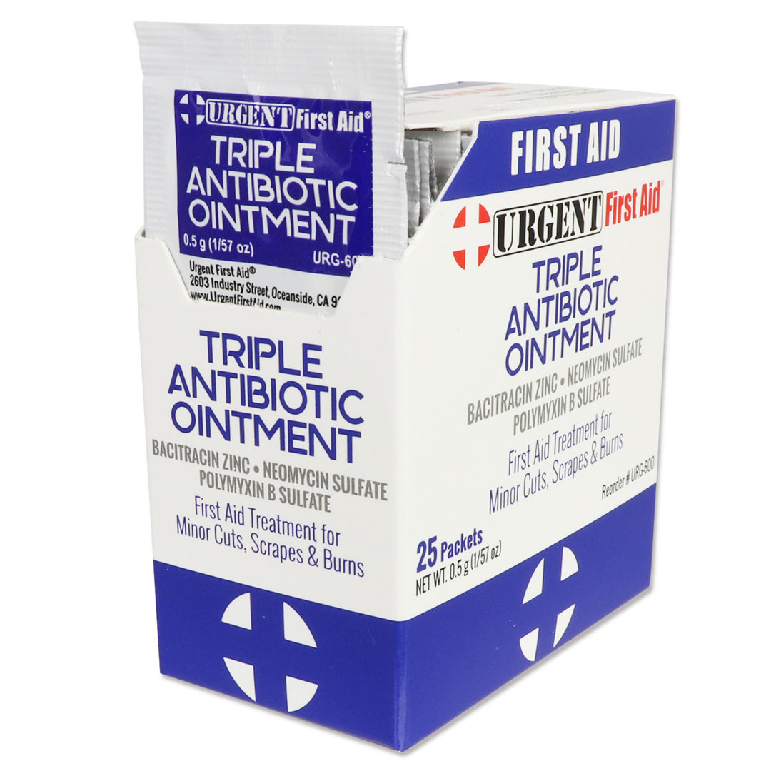 Urgent First Aid triple antibiotic ointment packaging on a white background