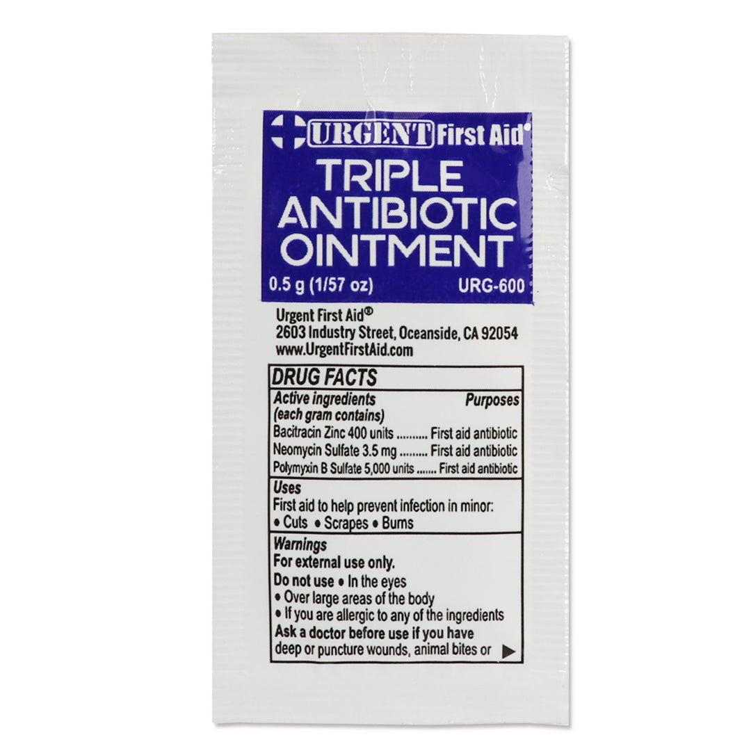 Urgent First Aid triple antibiotic ointment packet on a white background