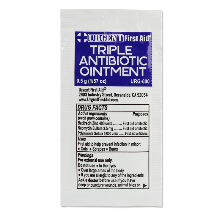 Urgent First Aid triple antibiotic ointment packet on a white background