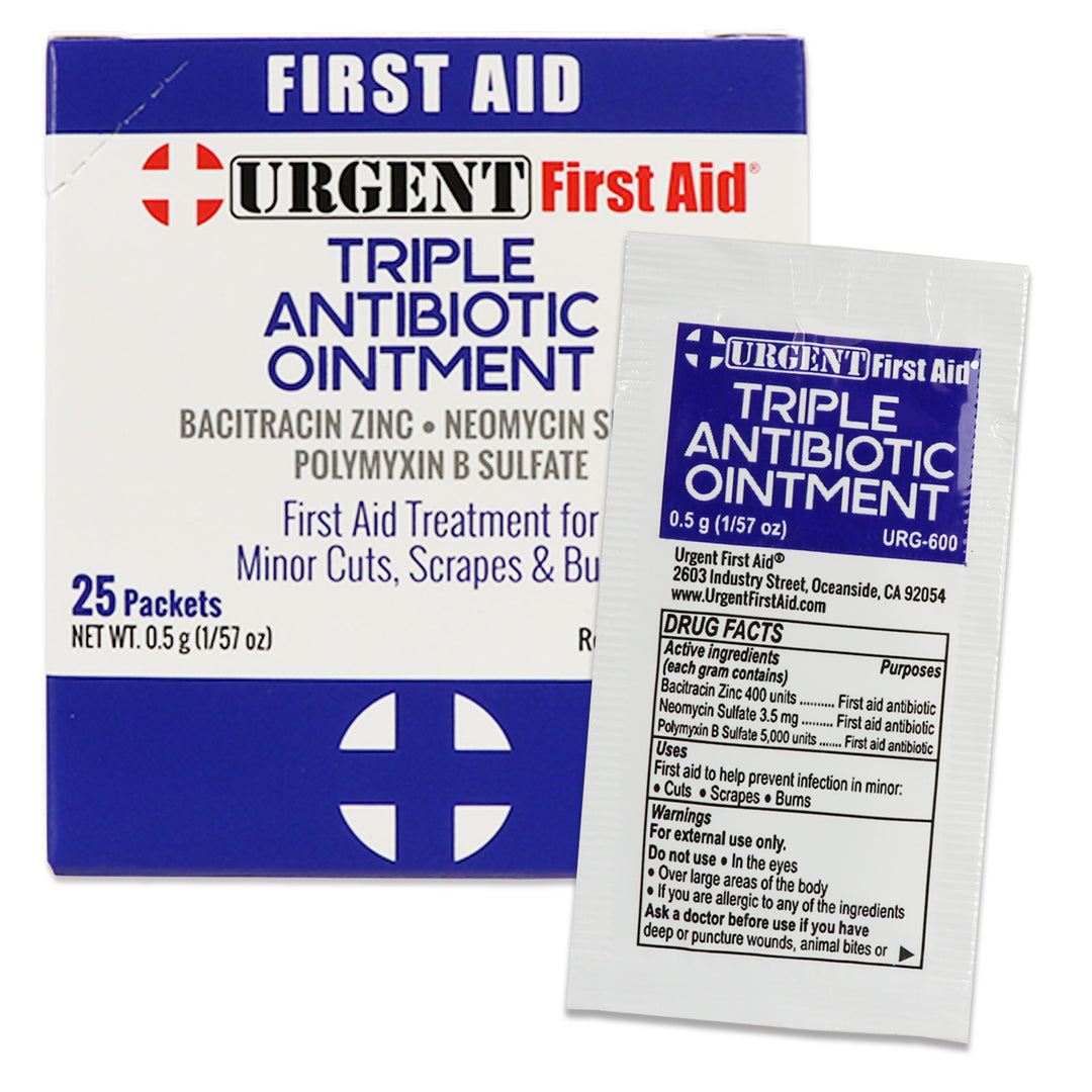 Triple Antibiotic Ointment, 0.5gm packets in a First Aid box for treating minor cuts and scrapes.