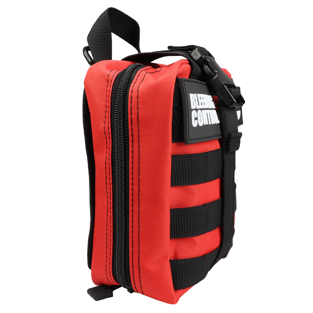 Individual Bleeding Control Kit in a red molle bag, designed for emergency trauma and bleeding control.