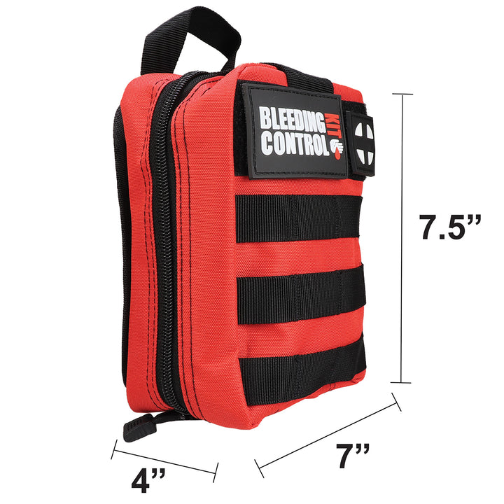 Individual Bleeding Control Kit in a red Molle bag, measuring 7.5" x 4" x 7", designed for emergency bleeding management.