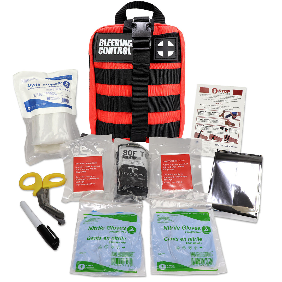 Individual Bleeding Control Kit inside a red Molle bag with essential trauma care supplies.