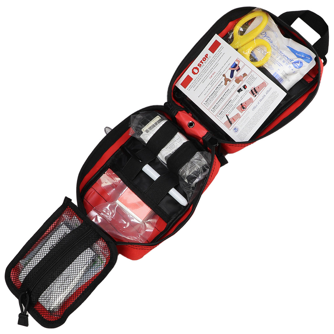 Individual Bleeding Control Kit inside a red Molle bag, equipped for trauma and bleeding emergencies.