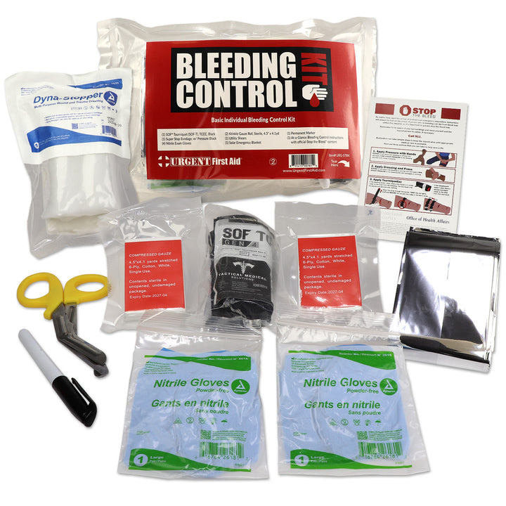 Individual Bleeding Control Kit Vacuum Bag with emergency supplies and instructions for bleeding control.