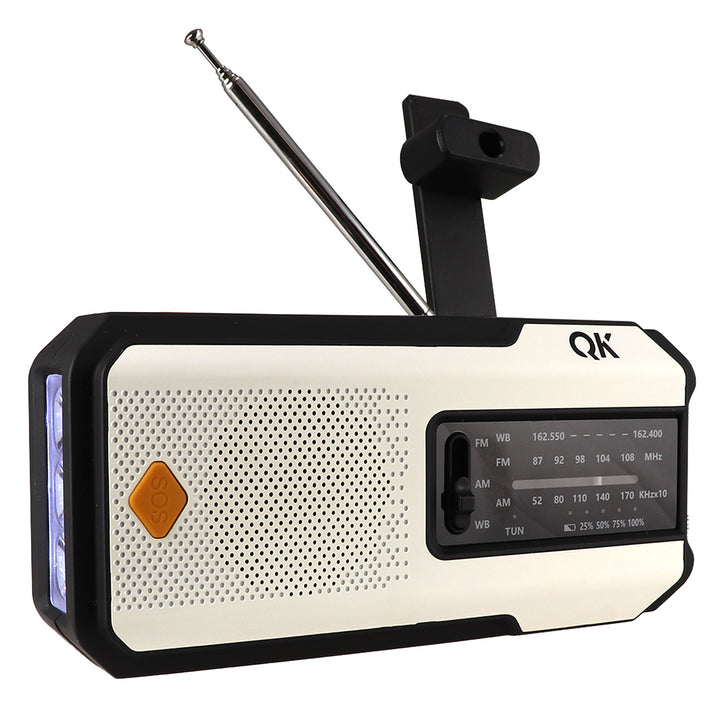 Pearlescent white multi function NOAA radio and flashlight tool