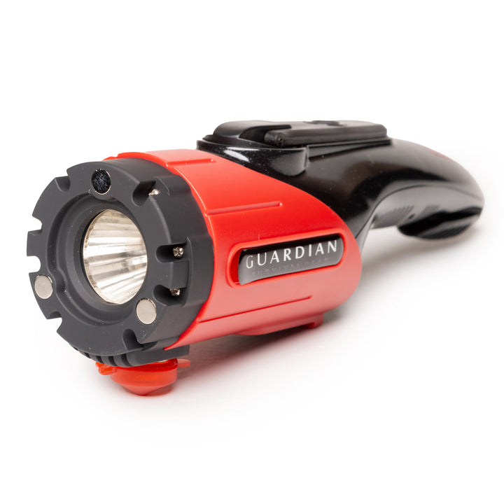 Emergency light and tool for cars and other vehicles. Flashlight showing metal base for working on cars or storing in glovebox. 