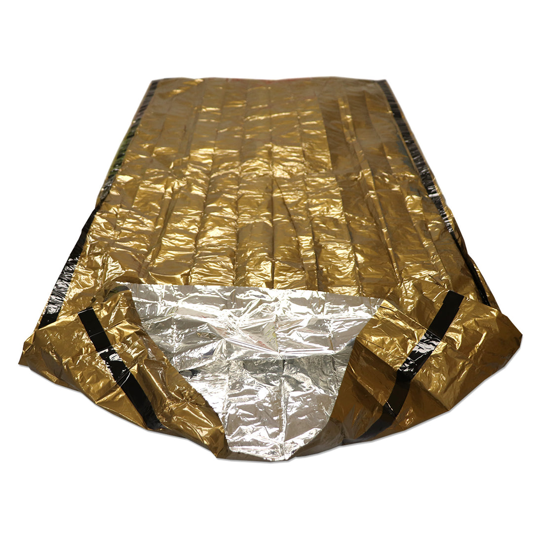 Emergency mylar solar sleeping bag with reflective material. Durable emergency sleeping bag. 
