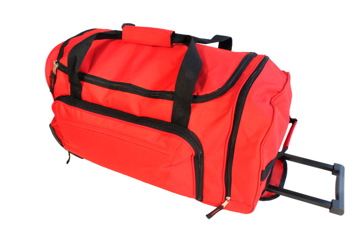 Red wheel bag with frame and telescoping handle. Wheeled duffle bag. 