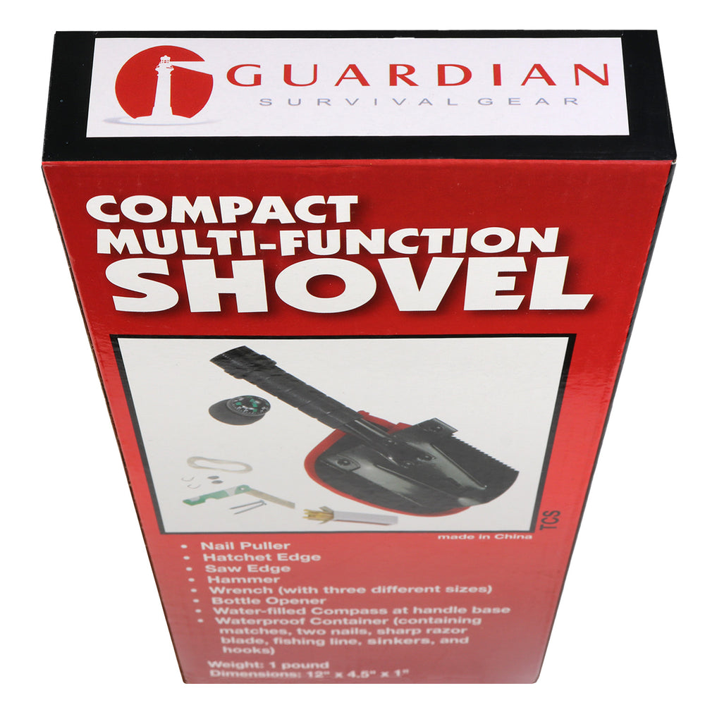 Folding shovel kit with supplies, compass, hammer, wrench