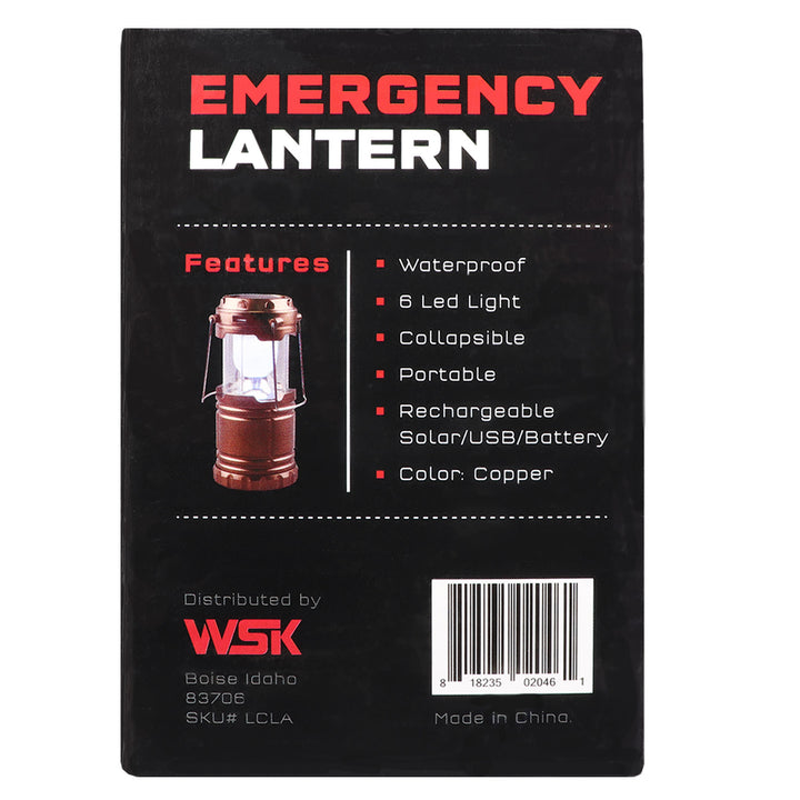 6 LED collapsible lantern with USB charging. Ultrabright water resistant lantern in coppr