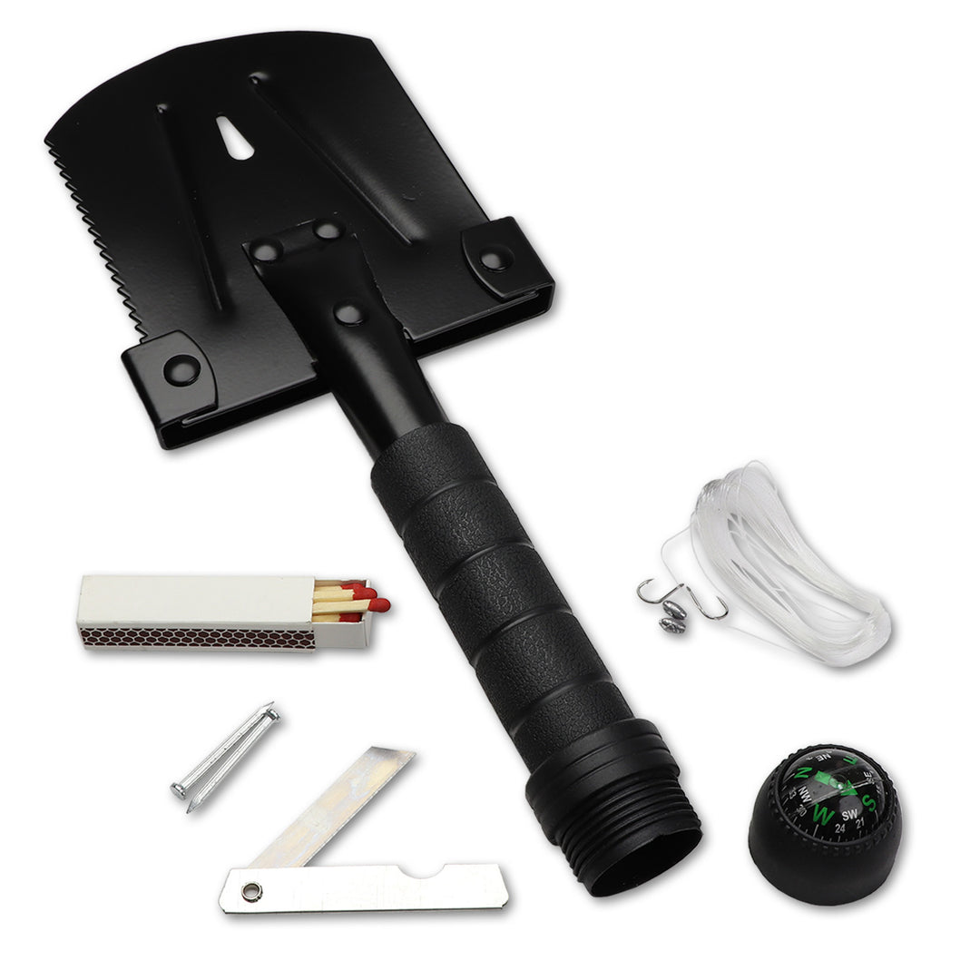 Hiking and backpacking shovel for emergencies and evacuation with matches, knife, nails, fishing line, fishing hooks and compass