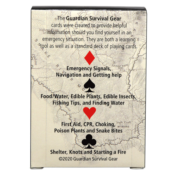 Back of survival card deck showing the type of emergency tips for each category. 