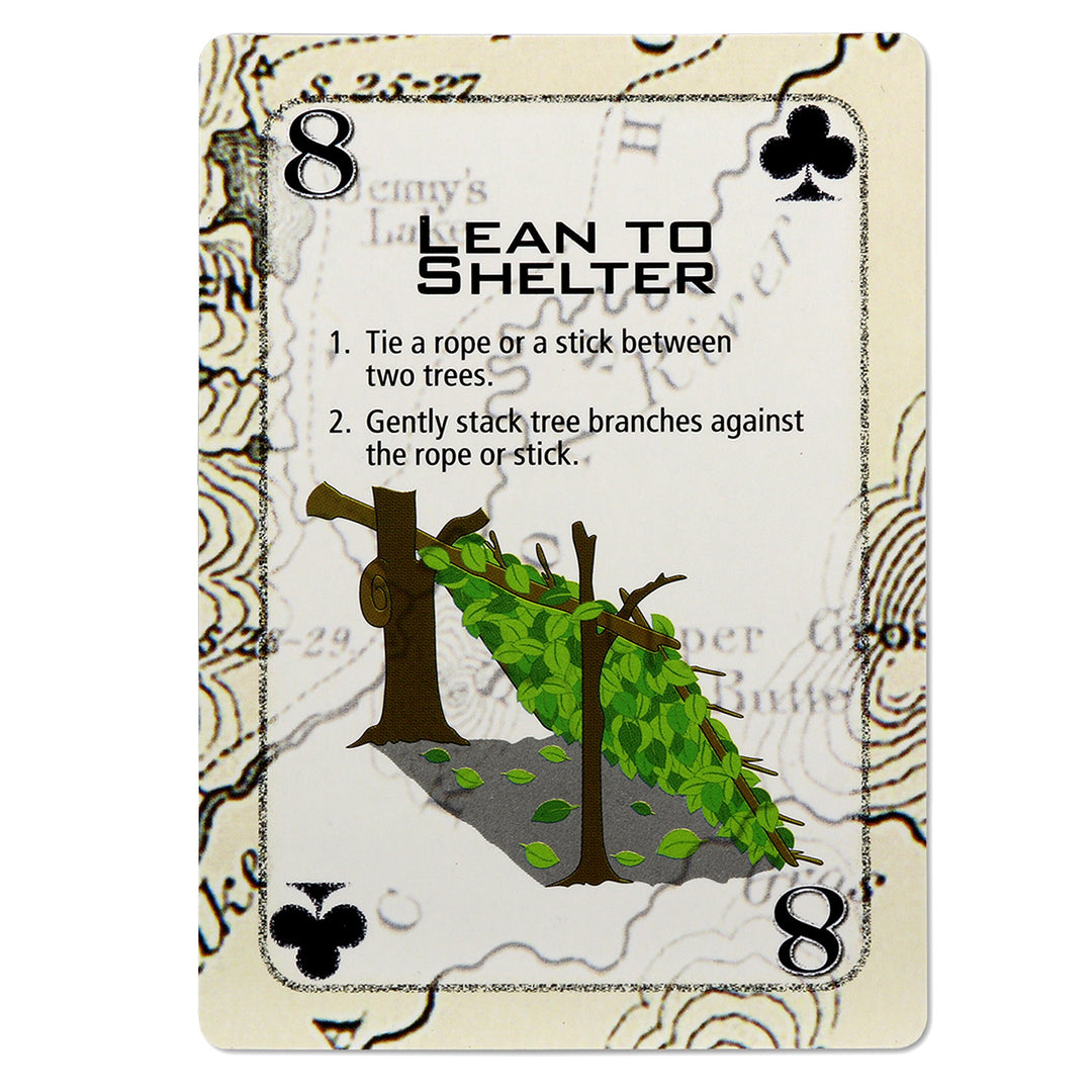 Survival playing card showing how to build a lean to shelter