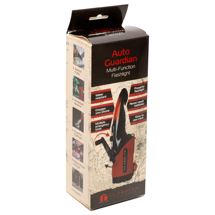 Auto Guardian Flashlight Retail Box for water resistant, cell phone charging emergency car and vehicle tool for emergencies. 