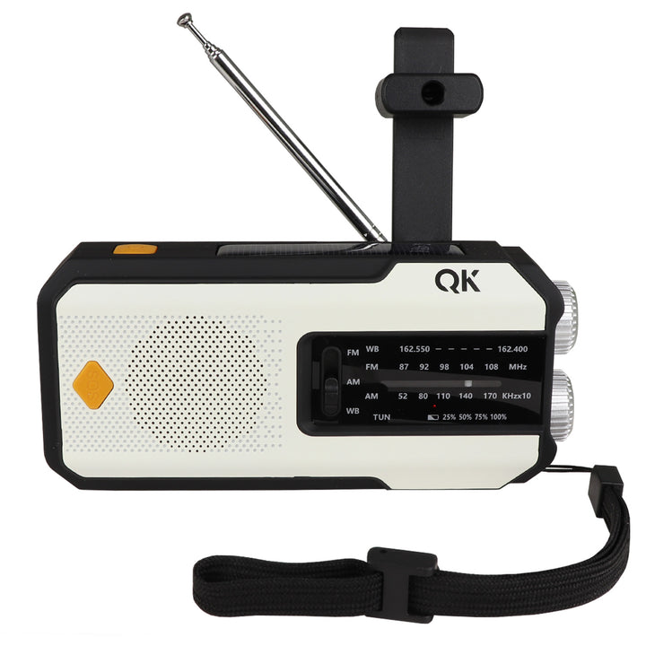 AM/FM and NOAA radio with on-slip wrist wrap and ultra bright flashlight. 