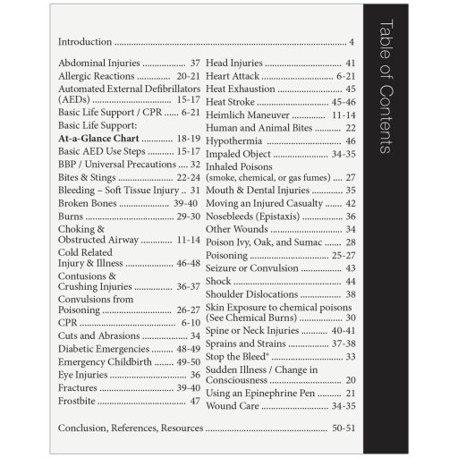 First aid pamphlet with information on treating numerous maladies, cuts, injuries, sprains, plus CPR