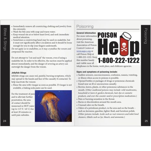 First aid book with illustrations and information regarding CPR and AED use