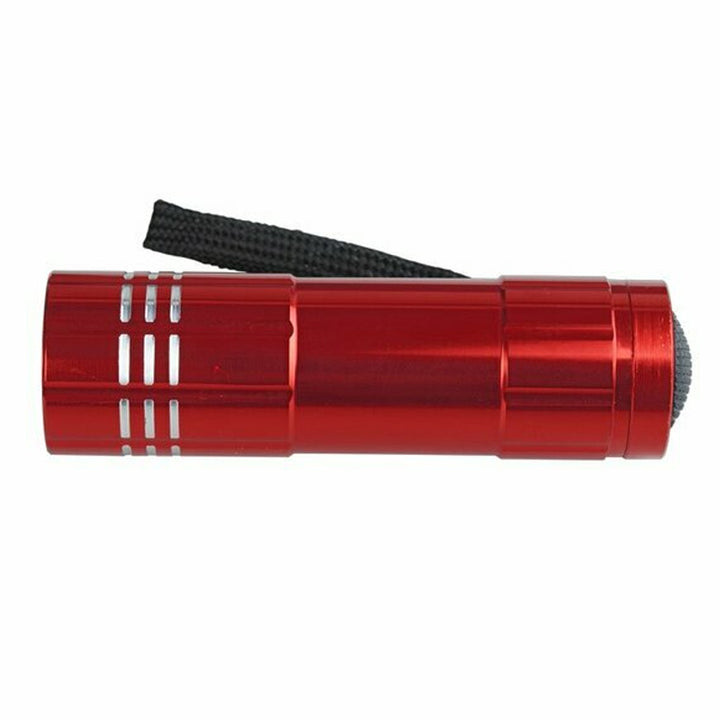Portable 9-LED flashlight made of sturdy aluminum, ideal for home safety, camping, and inclusion in disaster preparedness supplies.