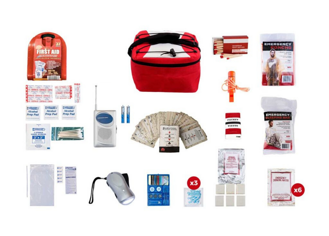 Bug Out Pal survival kit in a cooler bag for evacuations, including first aid supplies and emergency essentials.