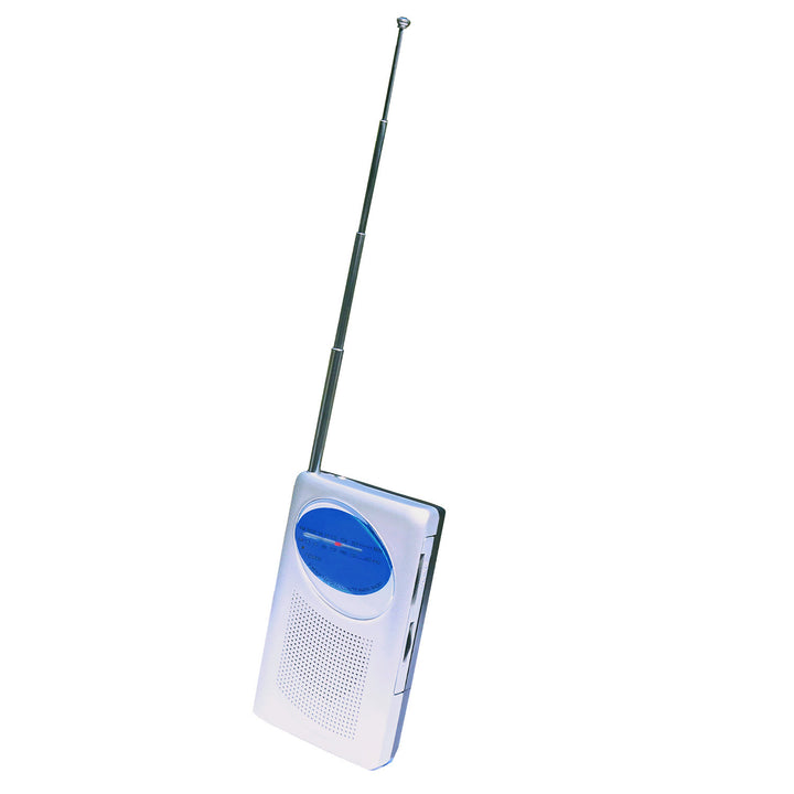 Telescoping antenna pocket radio with speaker and headphone jack in silver. 