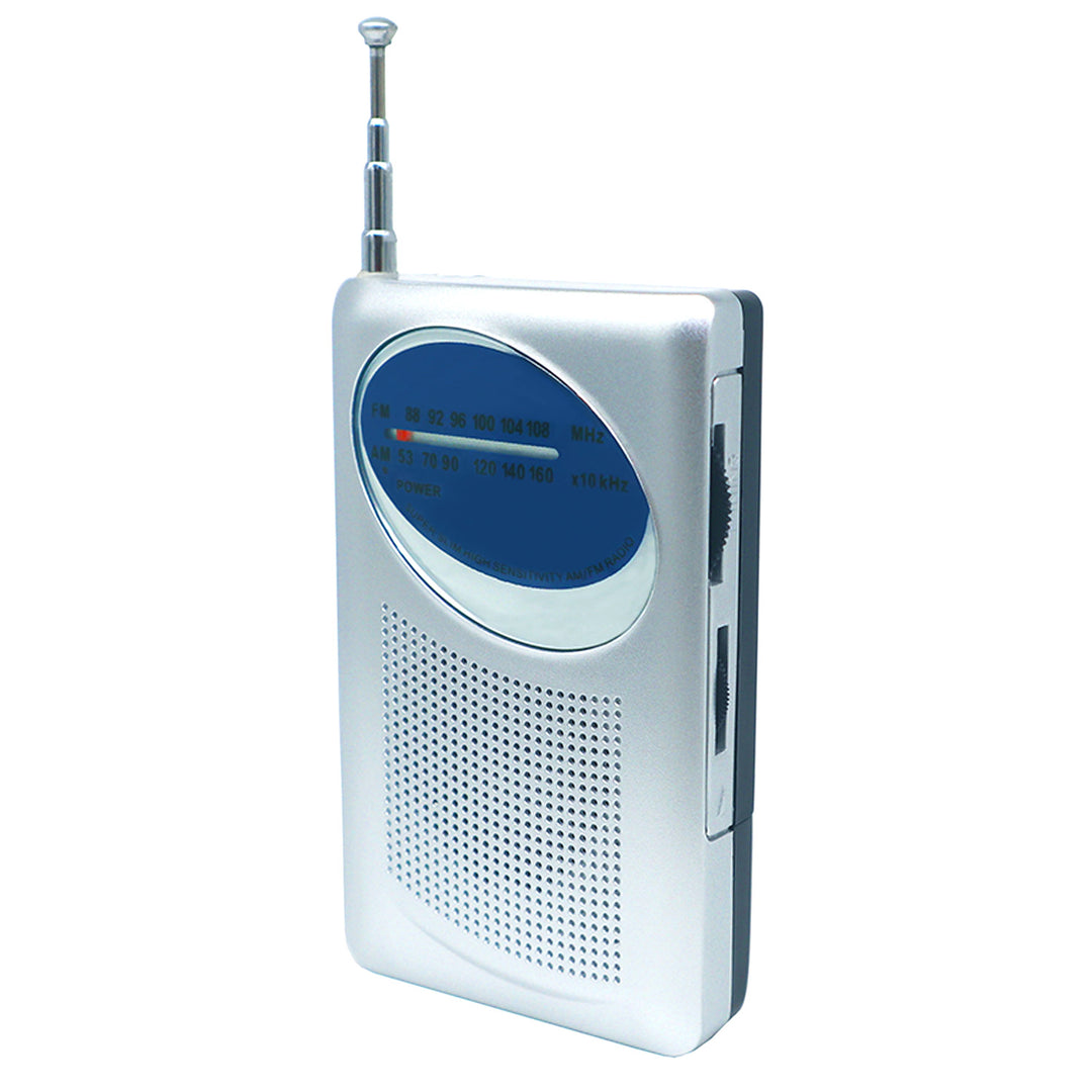 AM and FM radio with manual wheel tuner and batteries. Compact radio for disasters and evacuation. 