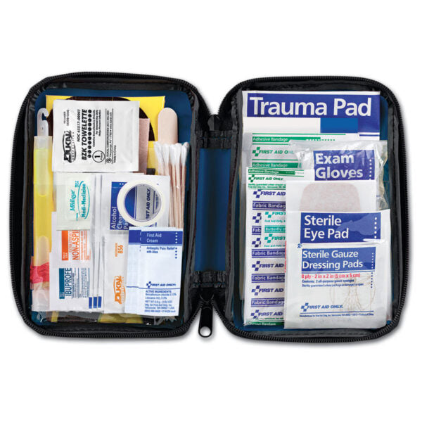 Open soft sided auto first aid kit for automobiles. Roadside first aid kit. Car crash first aid kit. 