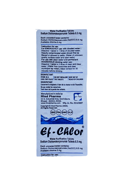 Strip of 10 water purification tablets, for purifying and cleaning water. Kills microbes. 