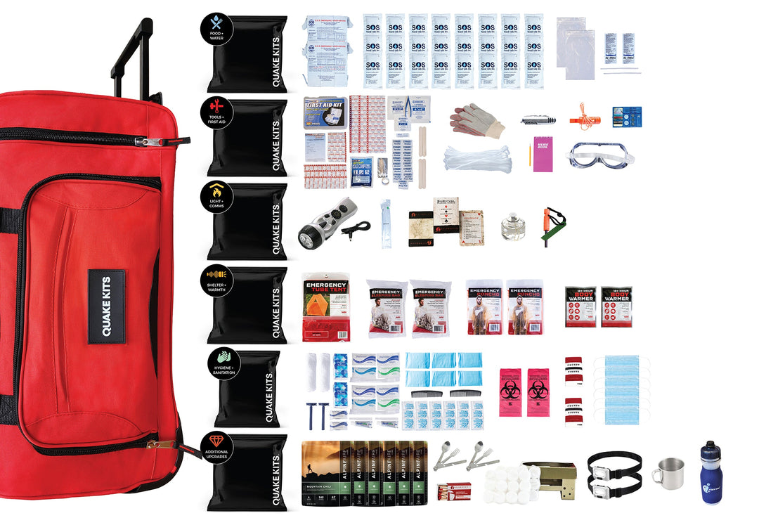 Ready for anything red disaster kit with food supplies and purified water. 