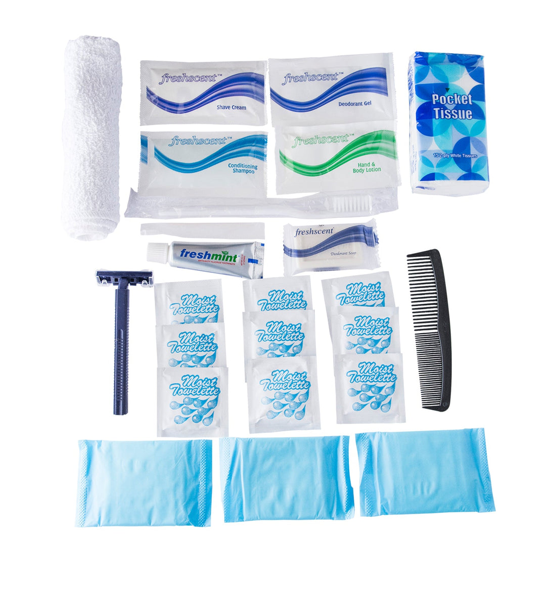 Deluxe hygiene kit for evacuation and disaster preparedness.