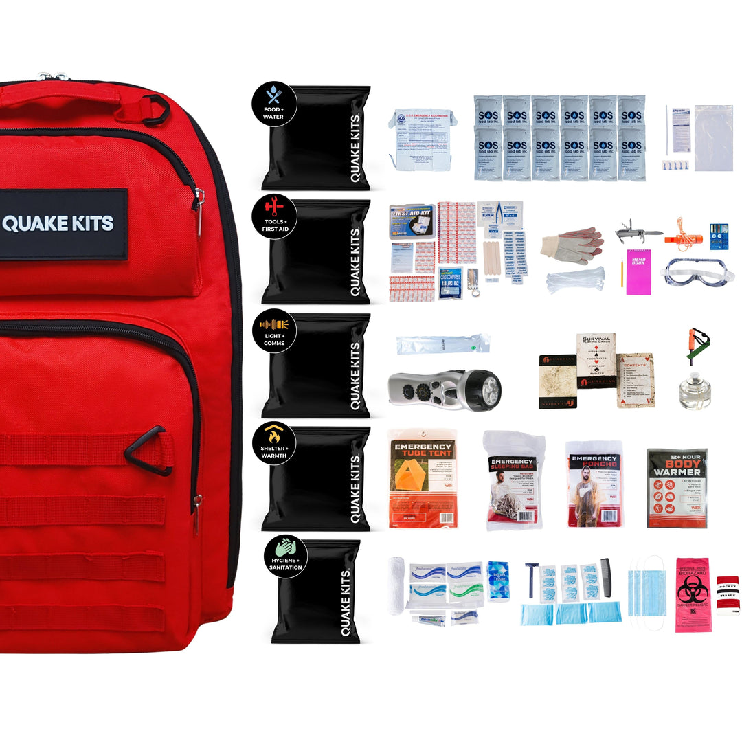 1 person 3 day complete survival kit with food, survival tools, water and radio. 