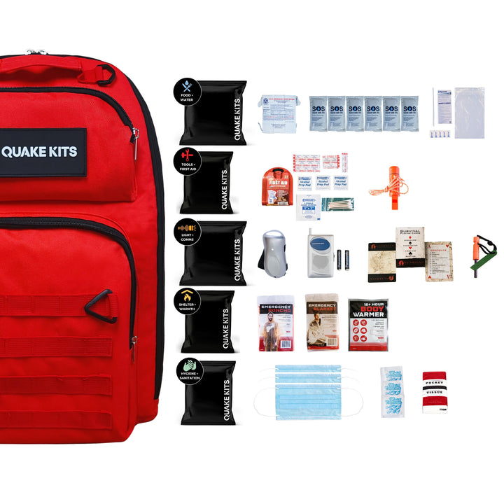 1 person urban compact survival kit for 72 hours or 3 days. Ready for anything red backpack with stealth black Quake Kits patch. 