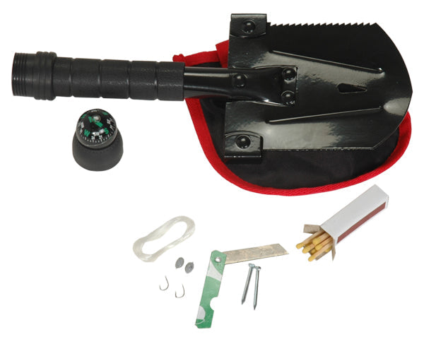 Compact shovel kit with fishing supplies and matches