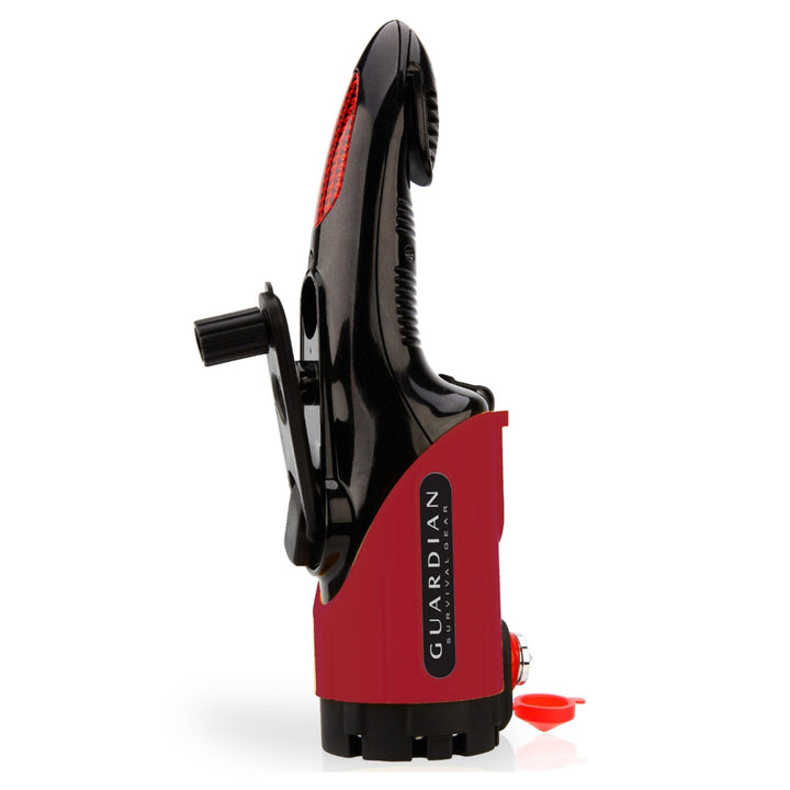 4 in 1 auto flashlight with seatbelt cutter,  dynamo charging (hand crank), window punch, SOS siren, seatbelt cutter. Side view