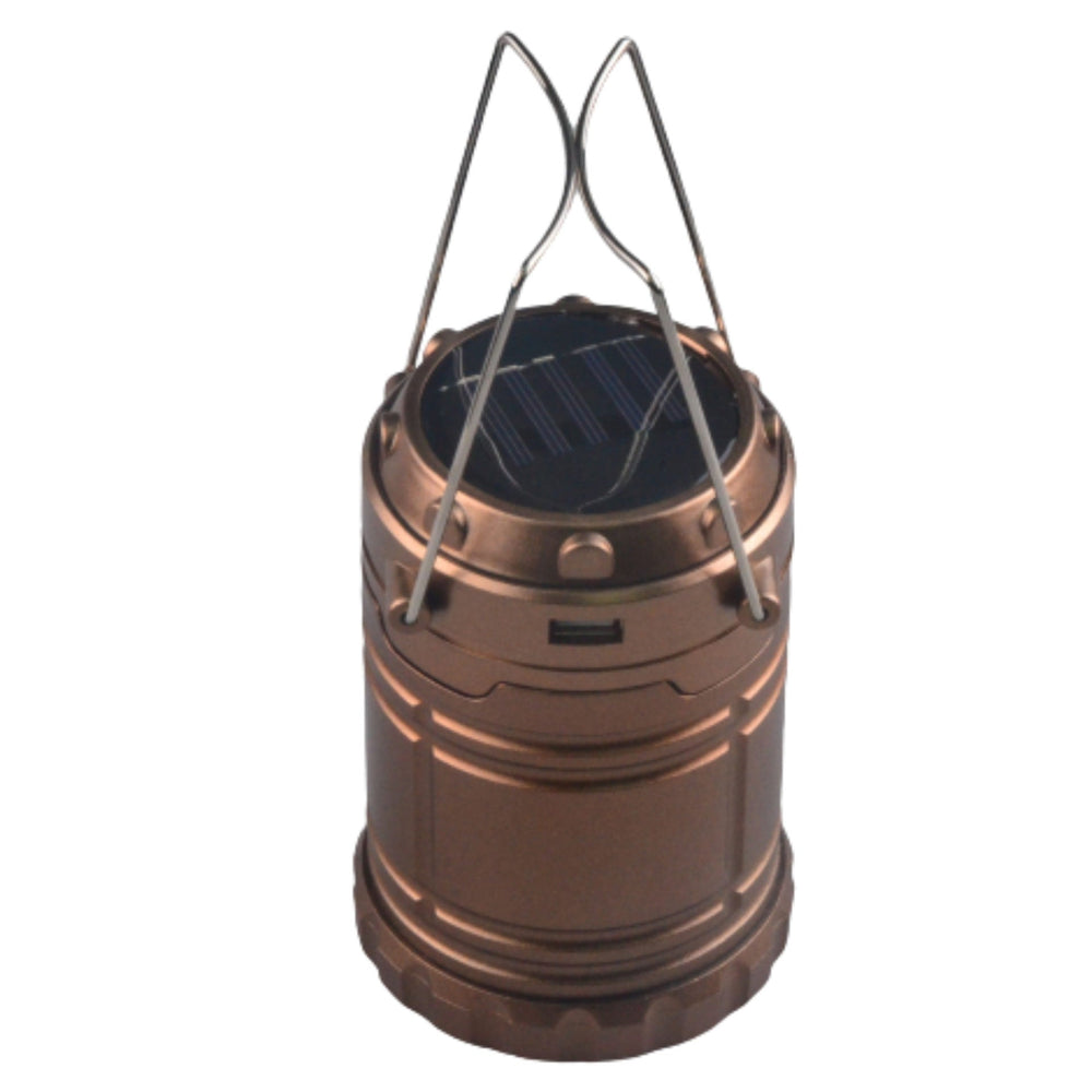 Collapsed solar and battery powered lantern with USB and hooks for hanging. 