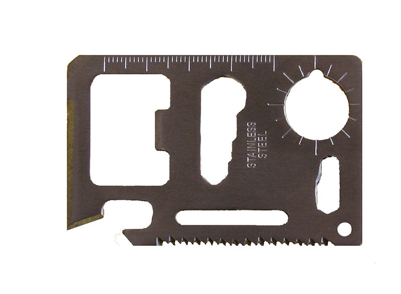 11 function stainless steel wallet multi tool. 
