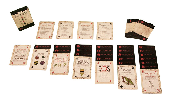 Deck of preparedness tip survival cards laid out. 