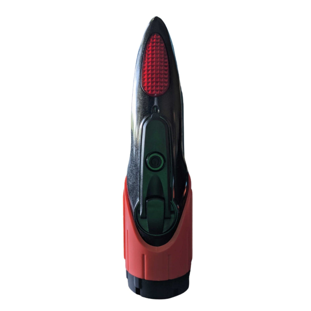 Emergency auto tool with flashlight, window breaker, seatbelt cutter/slicer, siren. Flashlight in Ready for Anything red. 